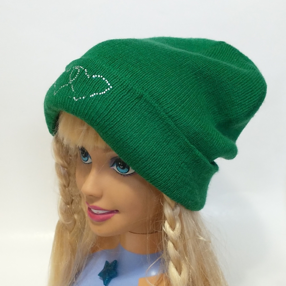 Green Knit Beanie with Rhinestone Detail